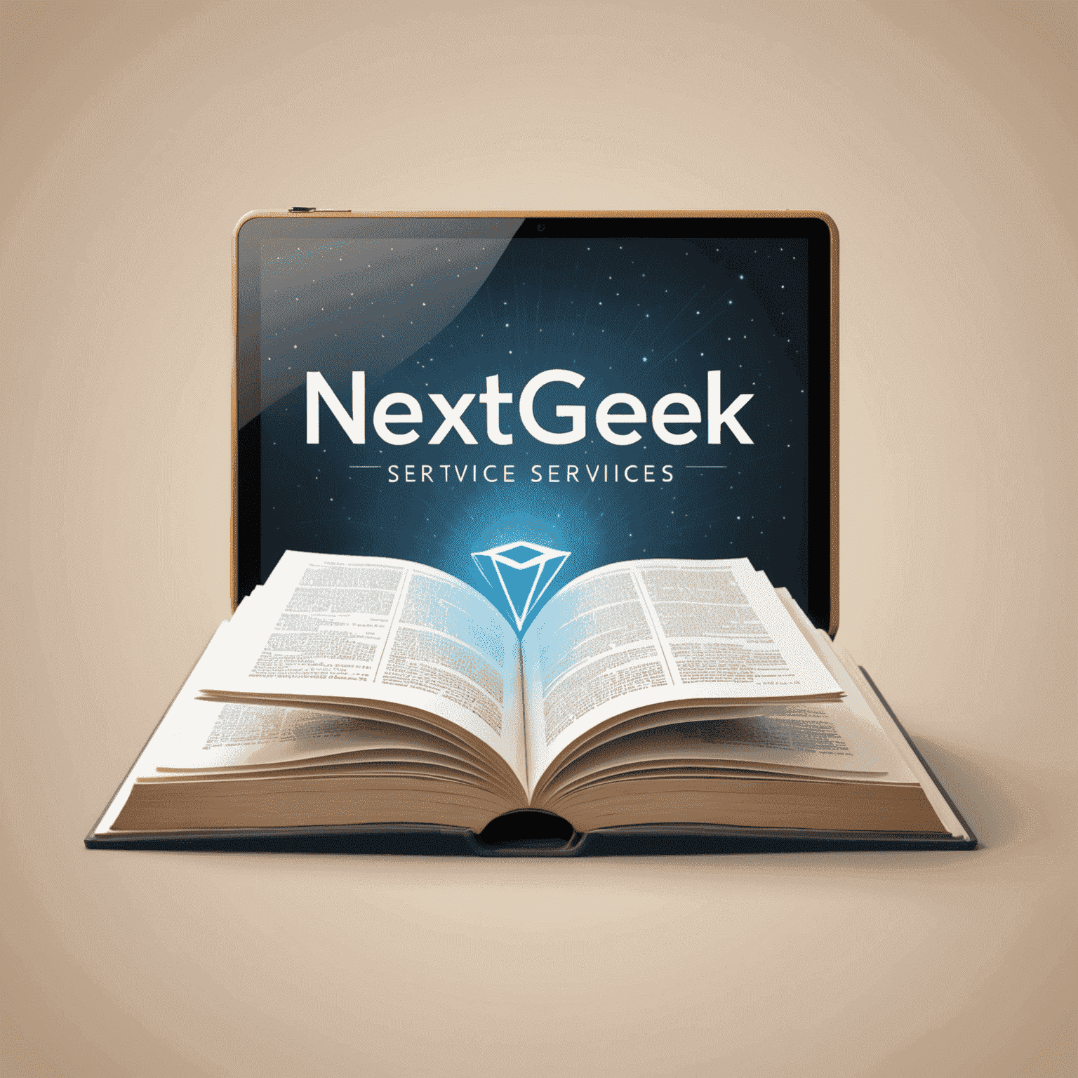 NextGeek Services Logo - An open book with a digital screen emerging from its pages, symbolizing online tutoring and e-learning