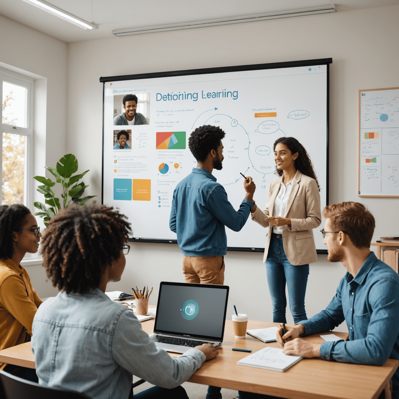 A diverse group of students engaged in an online tutoring session, with a tutor explaining concepts on a virtual whiteboard. The image showcases the interactive nature of distance learning and personalized education.