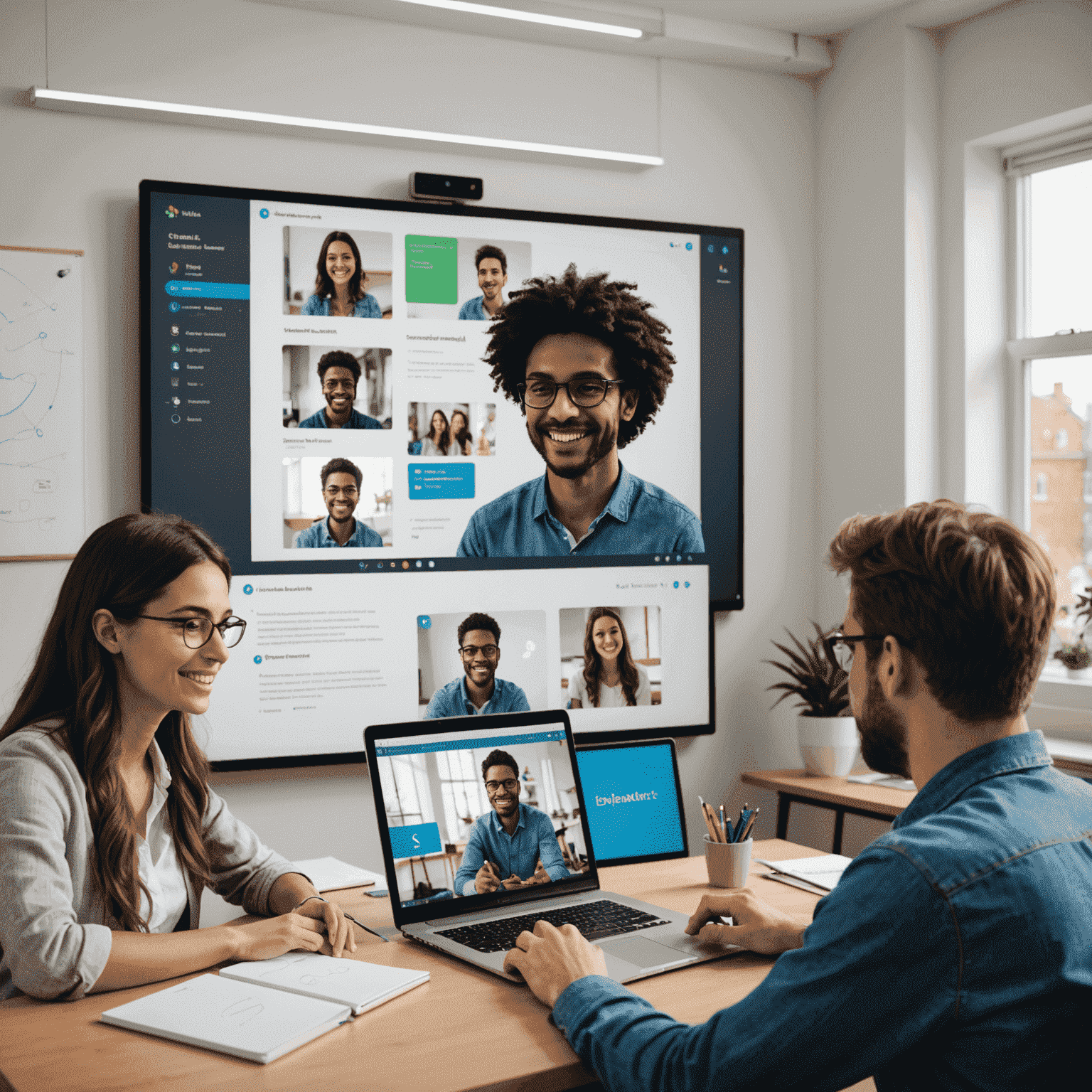 A modern virtual classroom interface showing a tutor interacting with students through video chat, shared whiteboard, and interactive learning tools