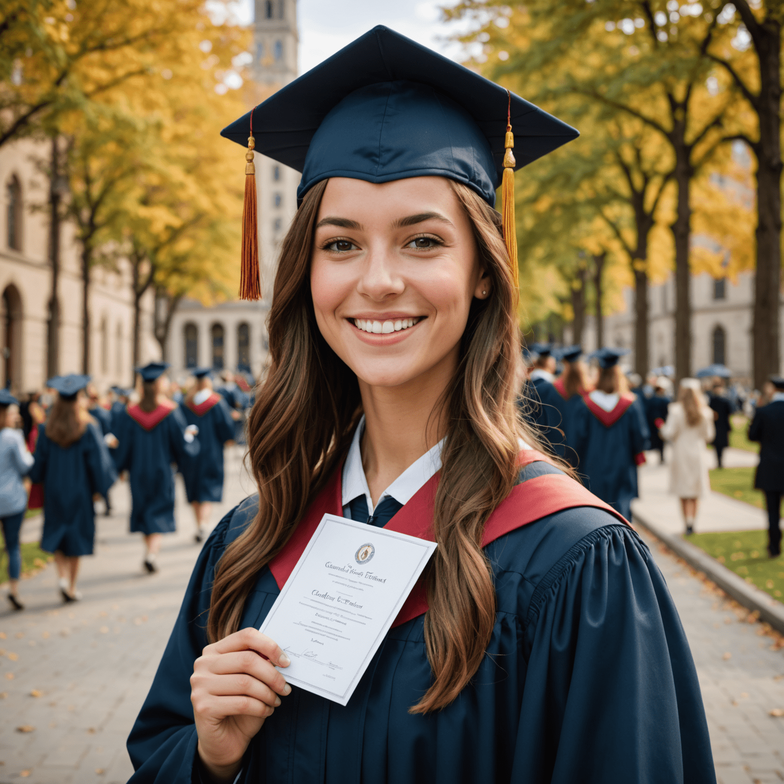 A smiling female student in graduation cap and gown, holding a diploma, representing her academic success achieved through online tutoring