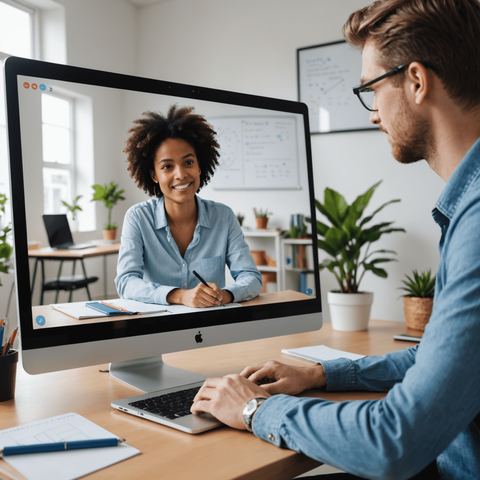 A split-screen view of a tutor and student engaged in an online lesson using a video conferencing platform. The tutor is explaining a concept on a virtual whiteboard.