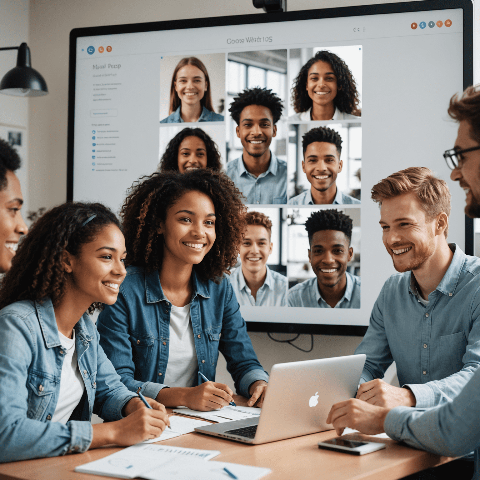 A diverse group of students engaged in an online group study session, collaborating on a virtual whiteboard, with video chat windows showing their faces