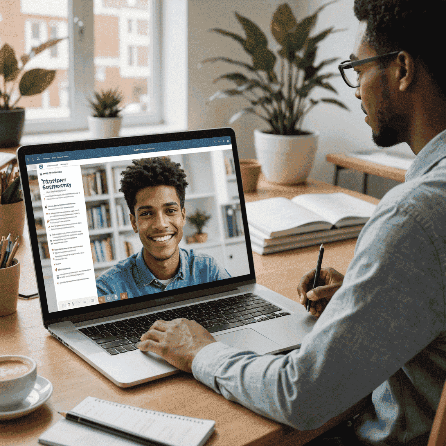 A student sitting at a desk with open textbooks and a laptop, receiving online homework help from a tutor visible on the screen. The image showcases the interactive nature of virtual tutoring and personalized academic support.