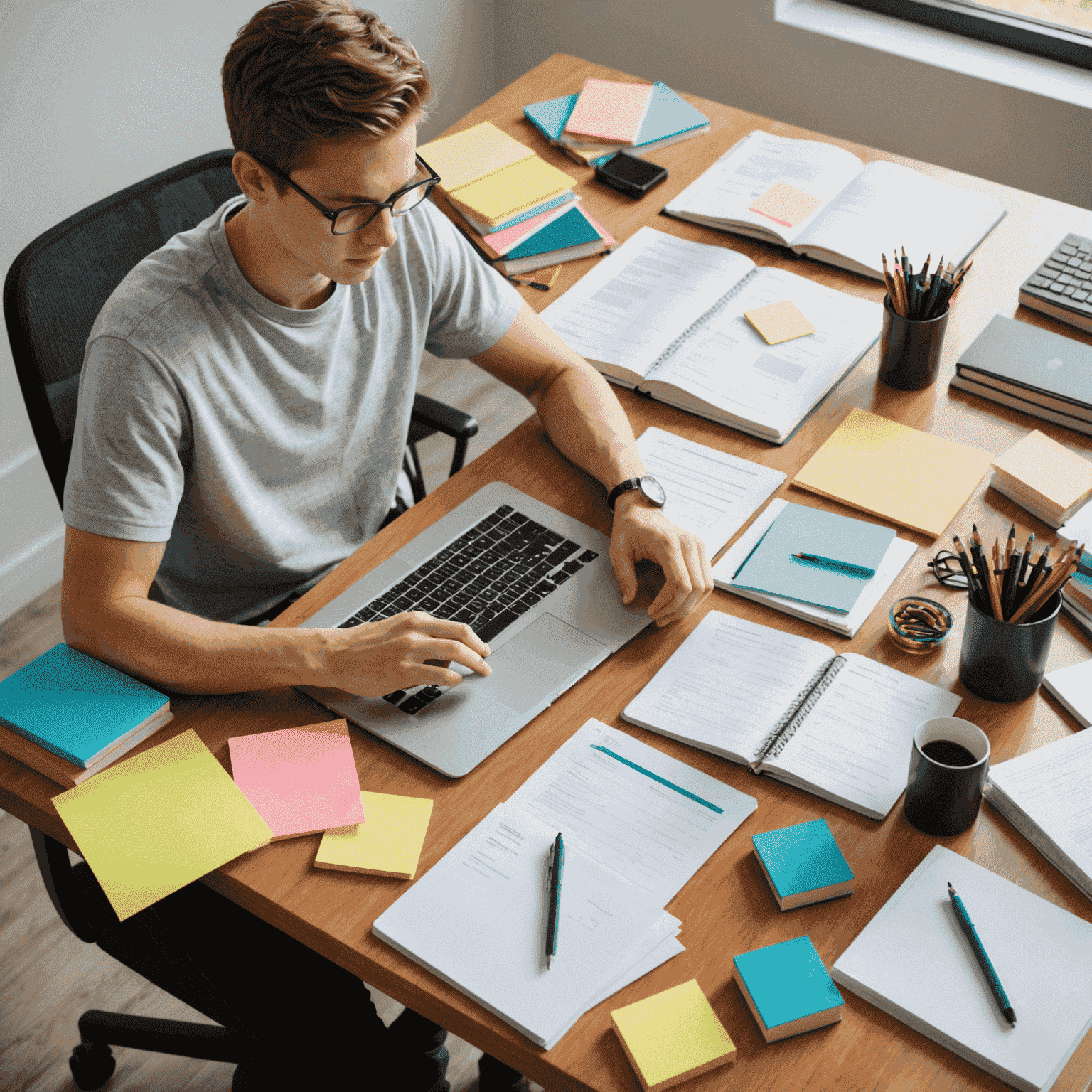 A student sitting at a desk with books and a laptop, looking focused while preparing for an exam. The image shows various study materials spread out, including practice test papers, highlighters, and sticky notes.