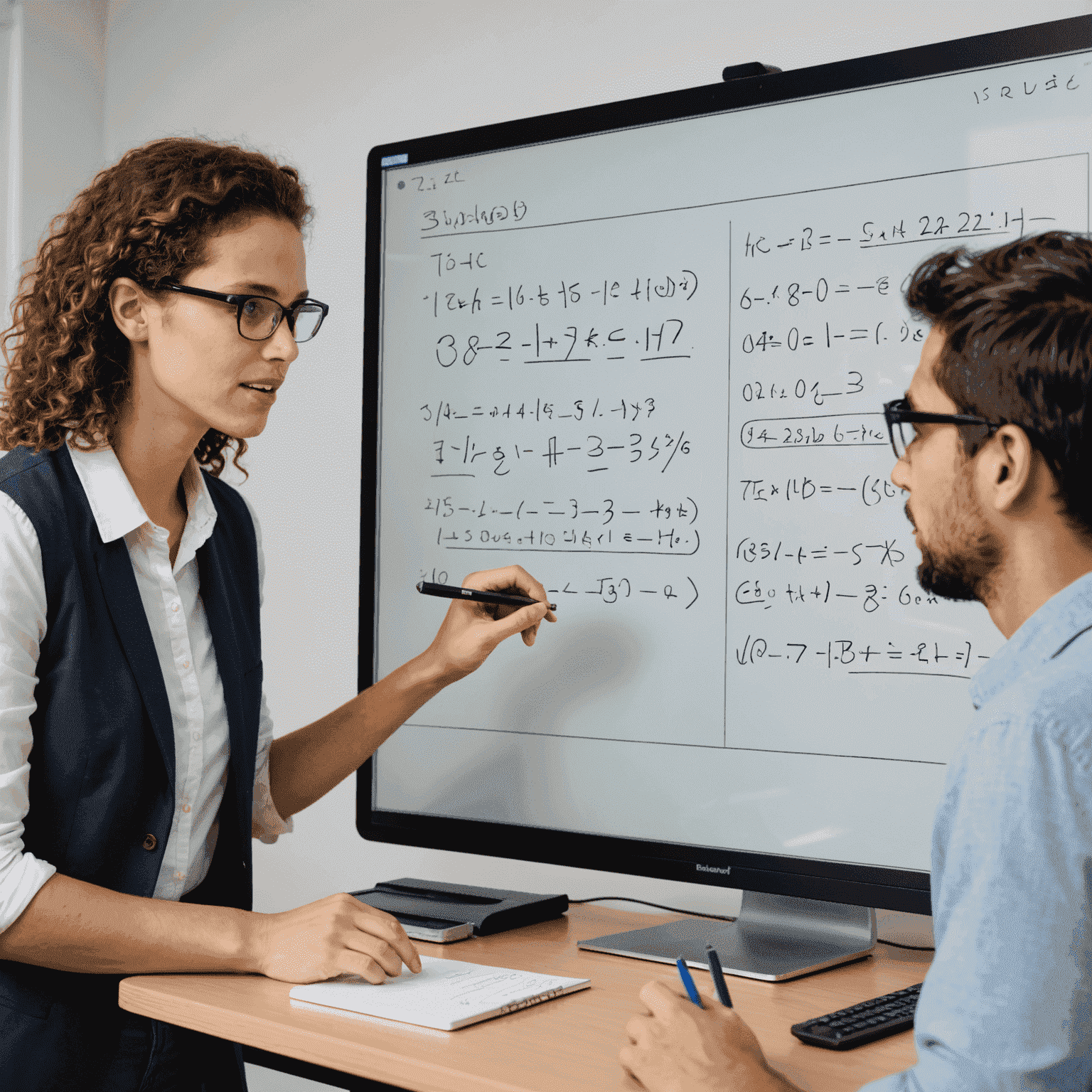 A tutor explaining complex mathematical equations on a digital whiteboard to a student during an online session