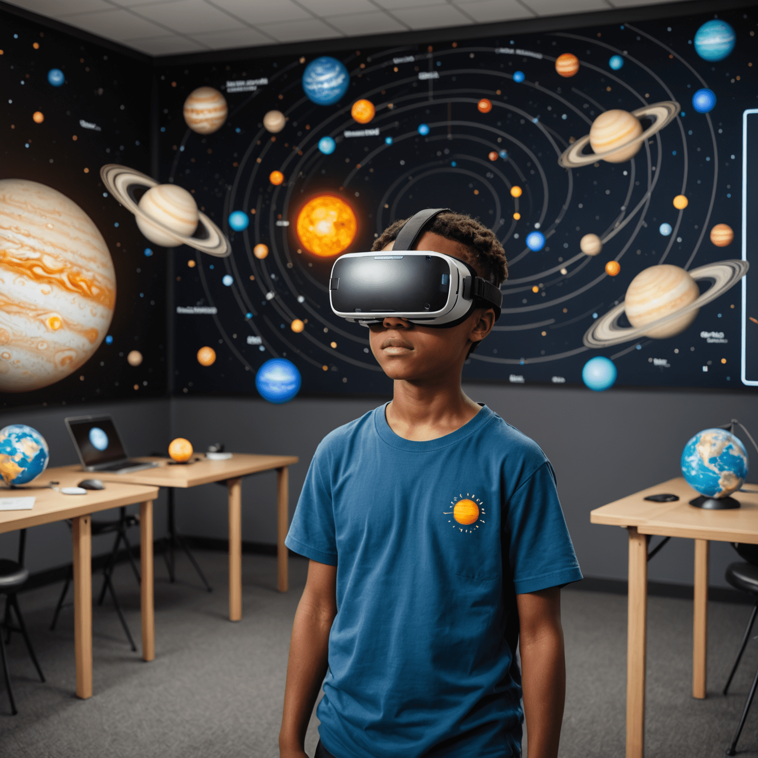 A student wearing a VR headset, interacting with a 3D model of the solar system in a virtual space classroom