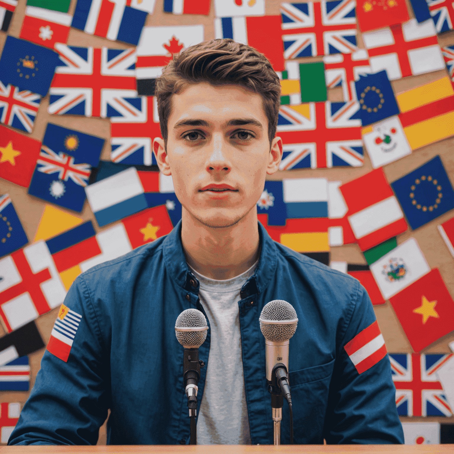 A young man confidently speaking into a microphone, surrounded by flags of different countries, symbolizing his mastery of multiple languages through online tutoring
