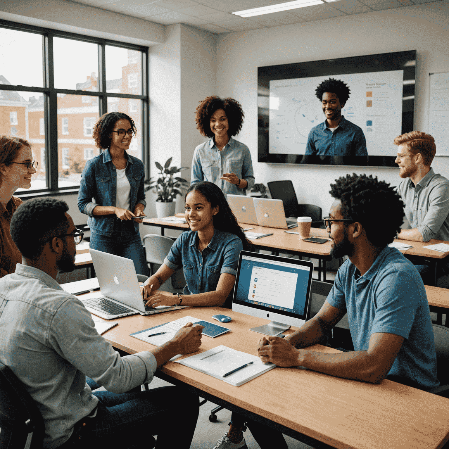 A diverse group of students collaborating in a virtual classroom environment