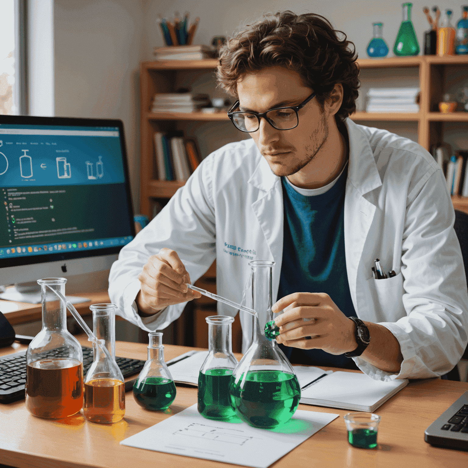 A virtual lab setup showing a student conducting a chemistry experiment with guidance from an online tutor