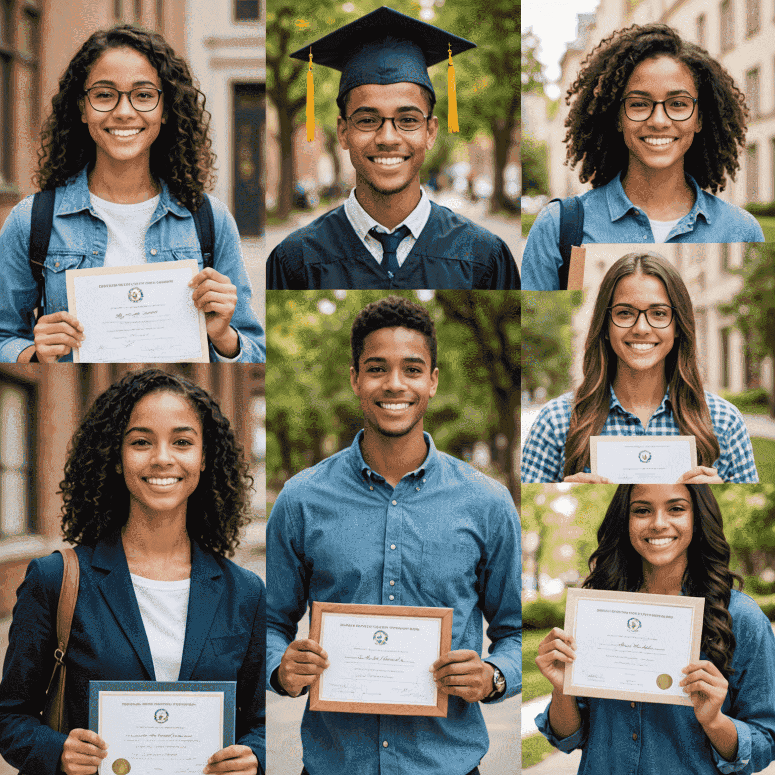 Collage of smiling students holding diplomas or awards, representing academic achievements through online tutoring