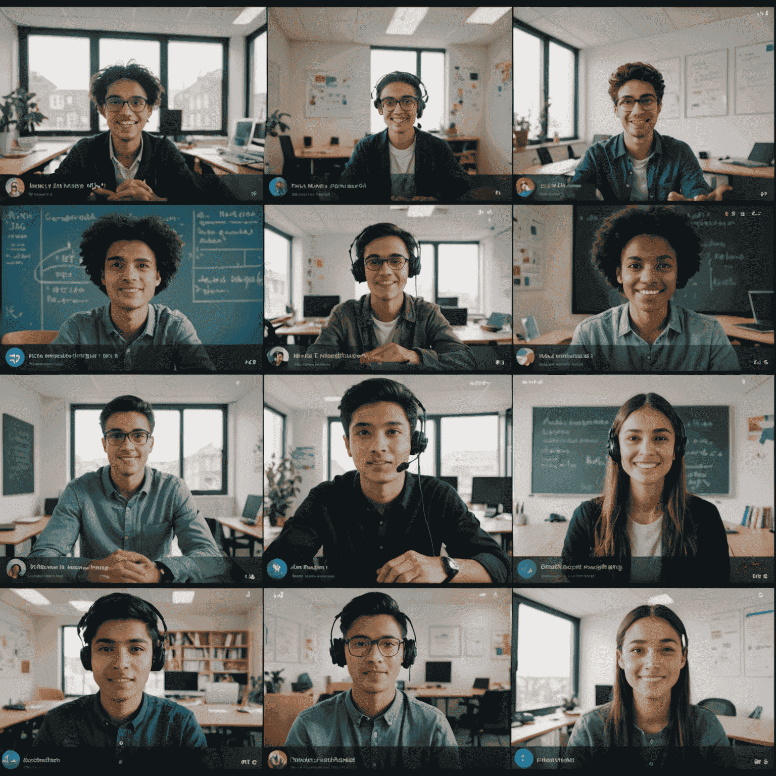 A split-screen showing multiple students from different countries in a virtual classroom with real-time translation captions