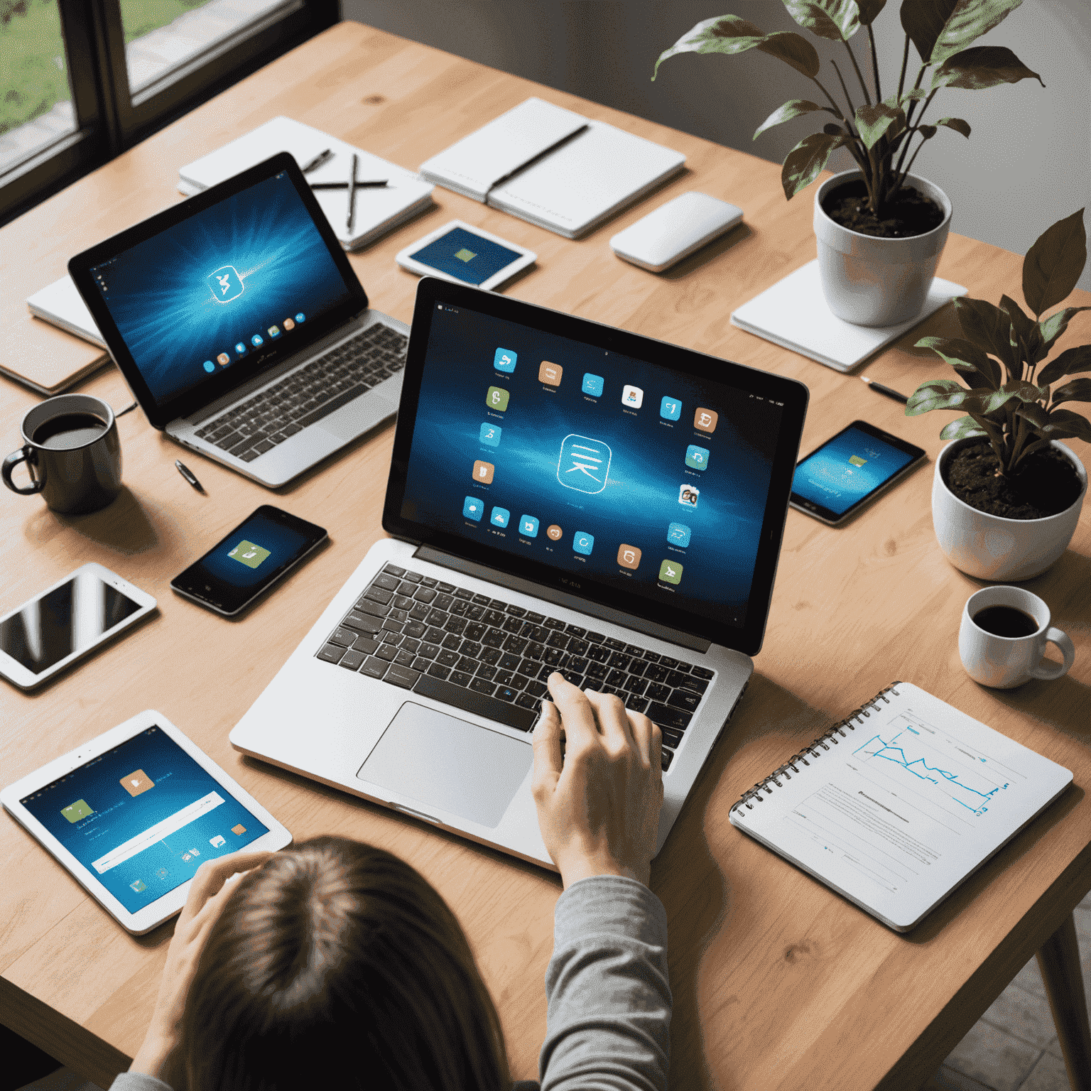 Various digital devices and software interfaces used in virtual learning, including tablets, laptops, and educational apps