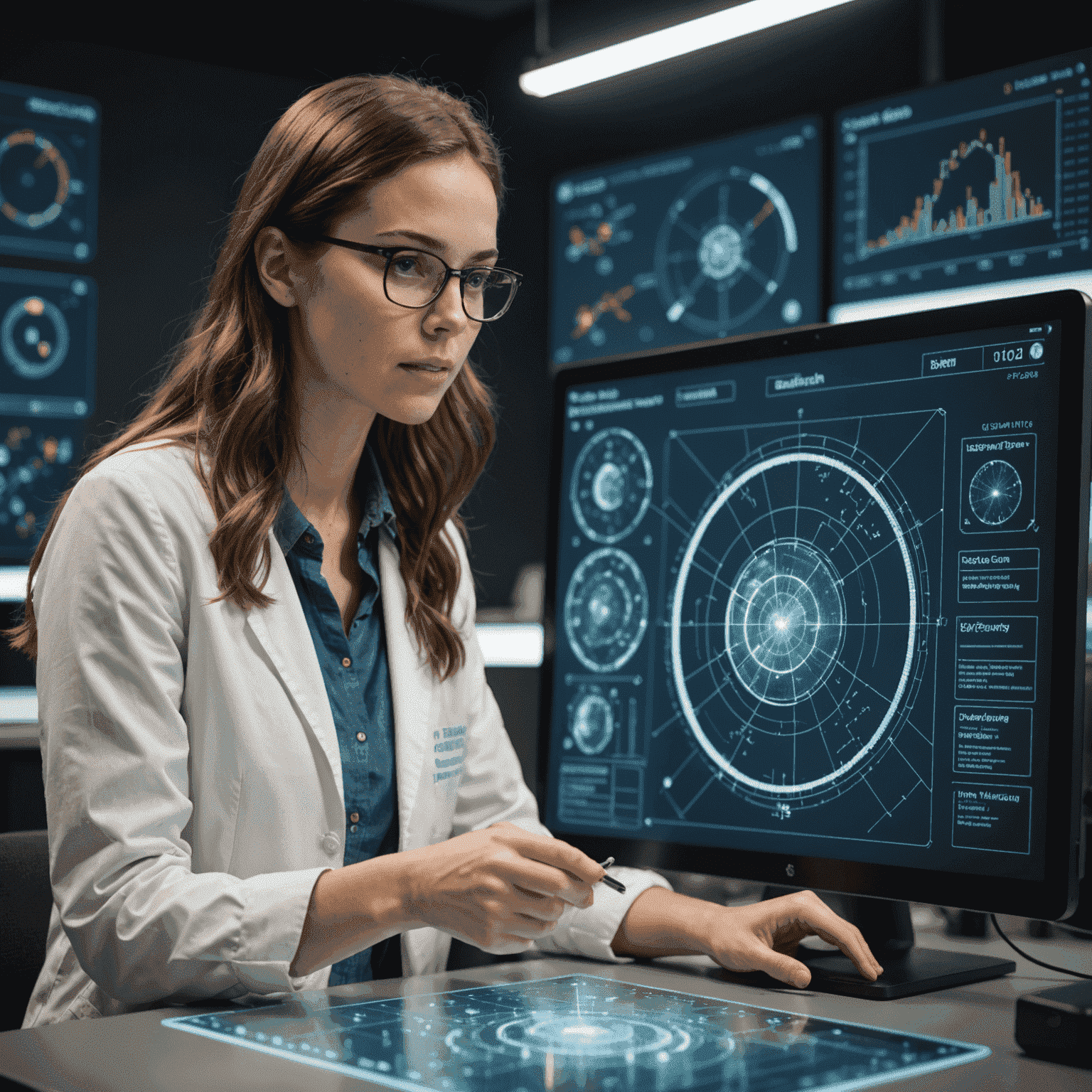 A young woman confidently presenting a complex scientific model on a digital screen, illustrating her mastery of STEM subjects through online tutoring